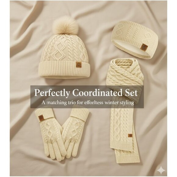 Winter Knit Hat Scarf Gloves Set Touchscreen Ear Warmer Unisex Cozy Warm - Picture 7 of 7